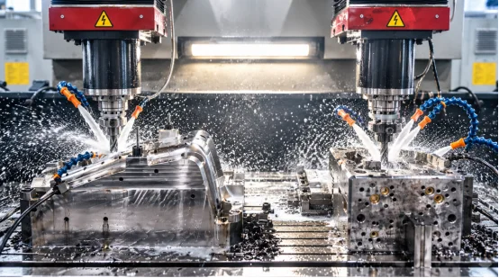 CNC machining steel injection mold cores with coolant spray