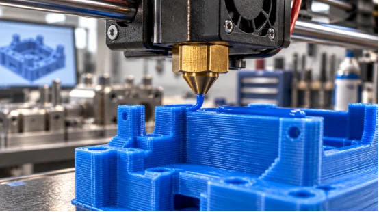 FDM 3D printer nozzle depositing blue filament layer by layer