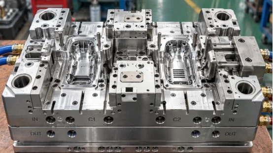 Open multi-cavity injection mold tool on a factory floor