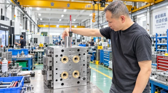 Toolmaker inspecting a precision steel injection mold in a factory