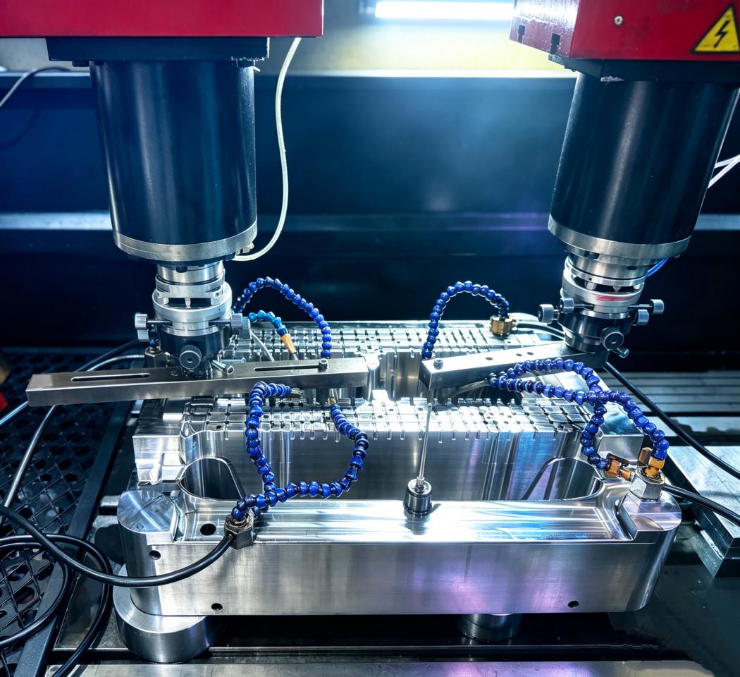 A dual-spindle industrial machine processing a metal mold.